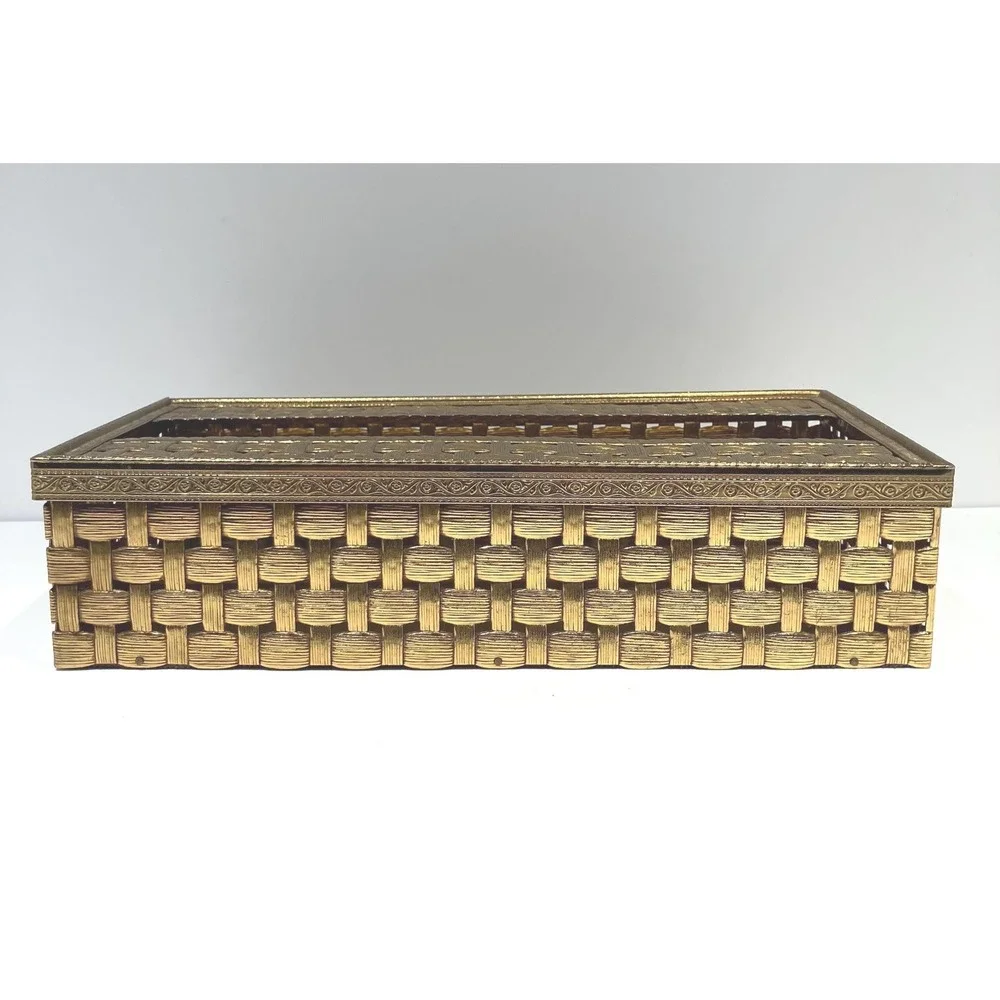 Vtg Gold Tone Metal Rectangular Tissue Box 2 Pc-Vanity Decor-Hollywood Regency